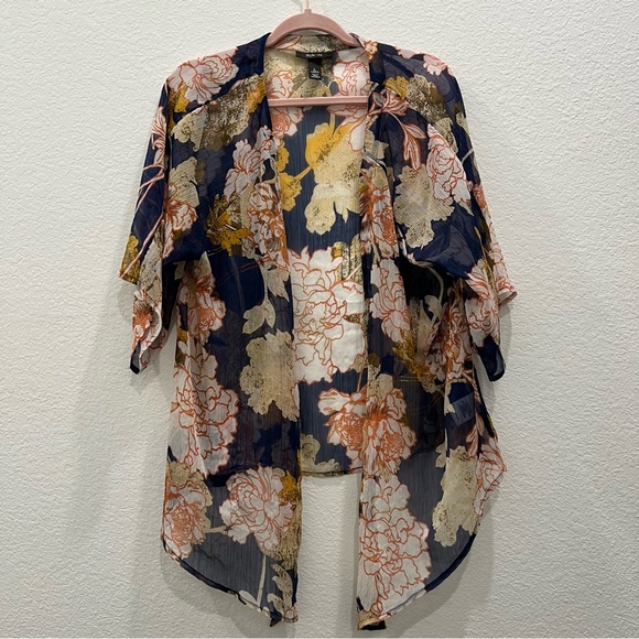 Floral Style & Co Kimono, Navy, Orange, Gold size L - Picture 2 of 7